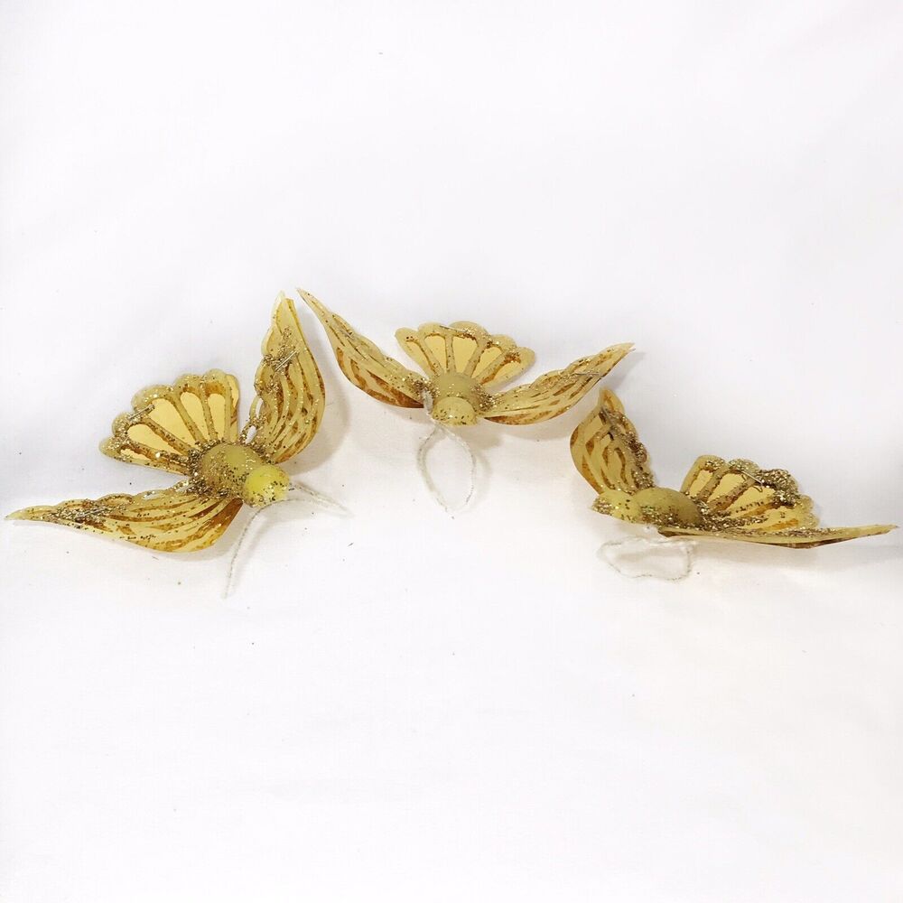 Lot of 3 Bird Ornaments Gold With Glitter Metal Plastic
